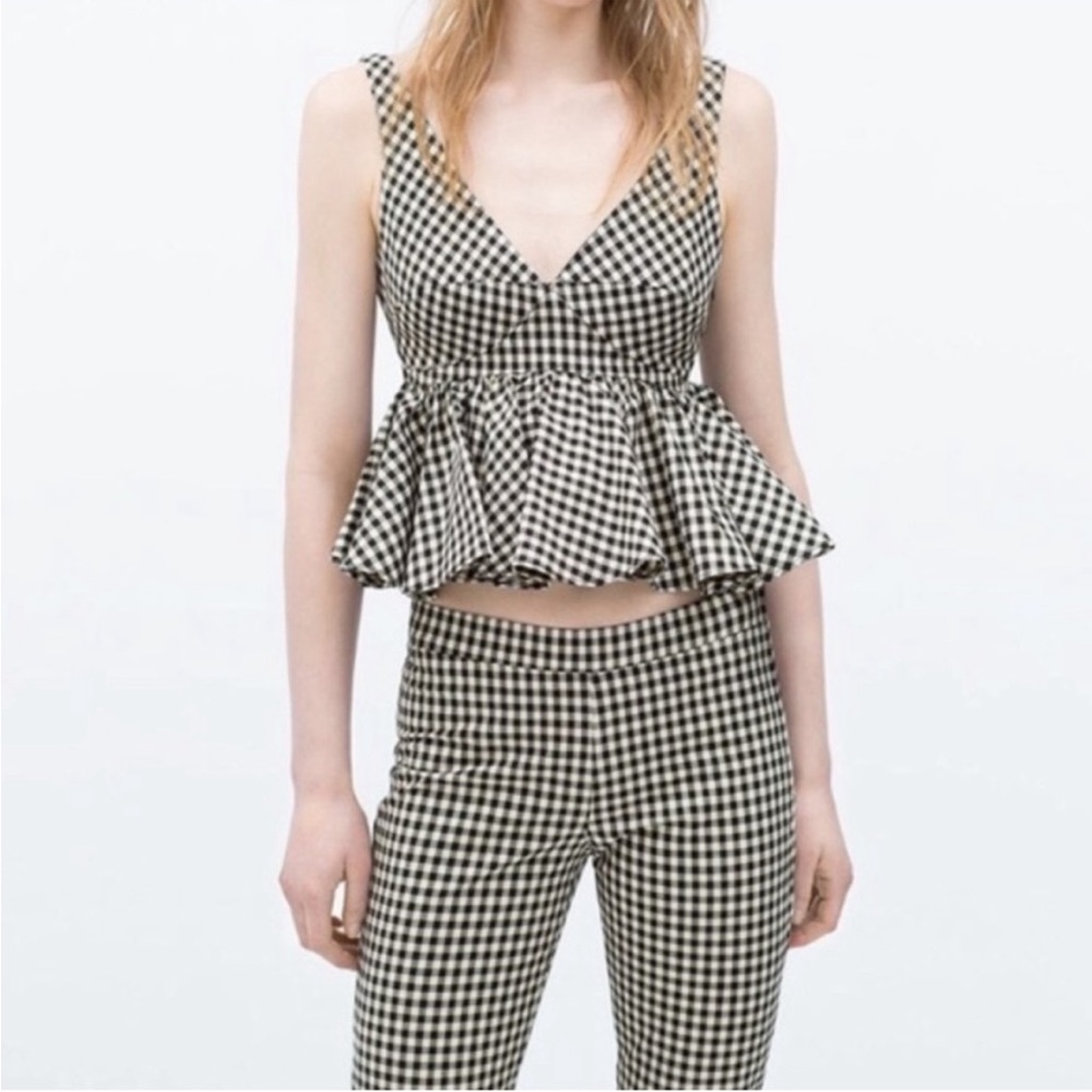 ZARA TRAFALUC TRF PLAID CORSET STRUCTURED PEPLUM TANK BLACK AND WHITE